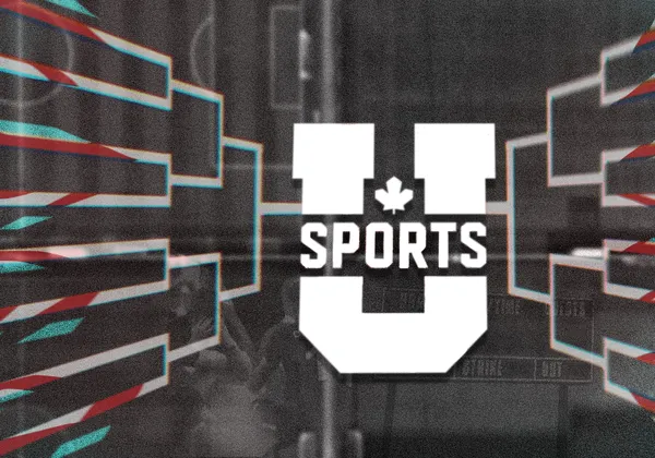 U Sports logo at the centre of a game elimination bracket. The brackets are broken off at the ends. A sports field, a scoreboard and dejected players are present in the background.