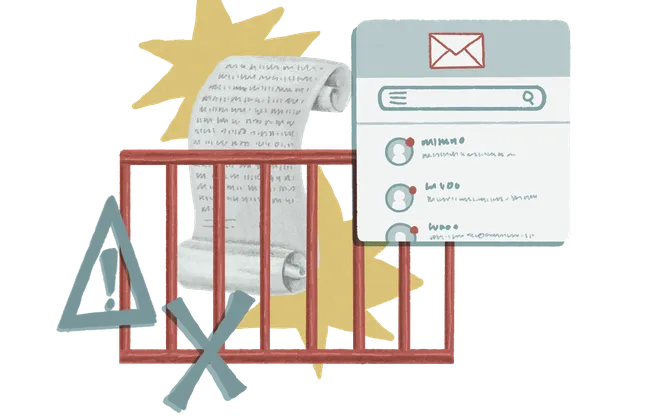 An illustration with a white background, featuring a red grid of bars, a blue caution triangle and x-mark as well as a scroll of paper. An illustrated email tab is in the upper-right corner of the visual.