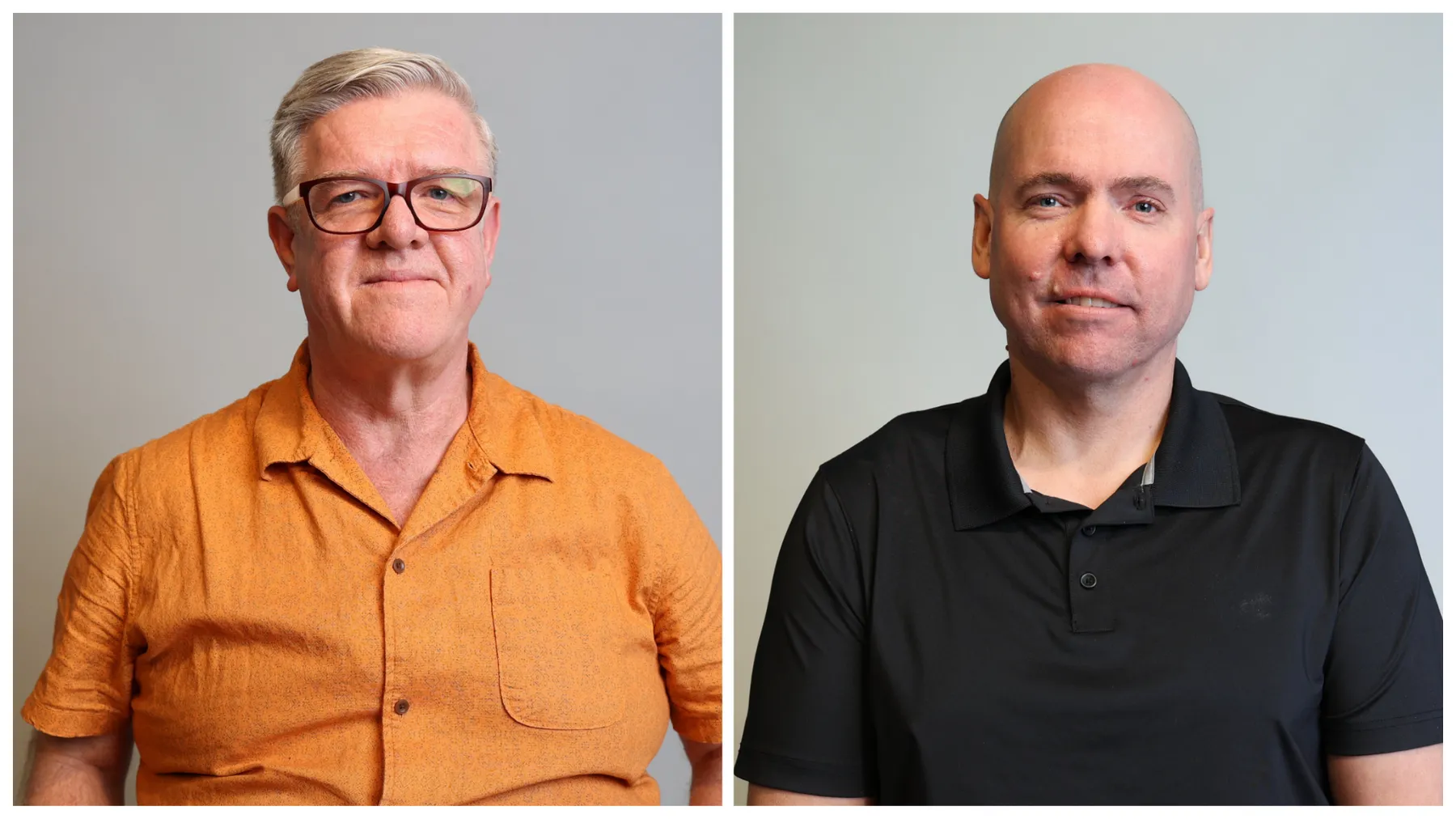Two profile photos placed side by side. Mark Mac Lean is wearing an orange shirt and glasses on the left, and Leonard Foster is wearing a black shirt on the right.