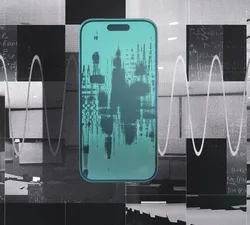 Collage of a phone recording audio in a lecture hall.