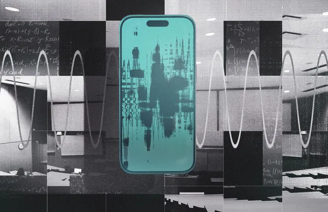 Collage of a phone recording audio in a lecture hall.