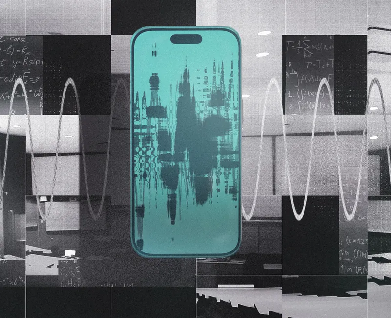 Collage of a phone recording audio in a lecture hall.