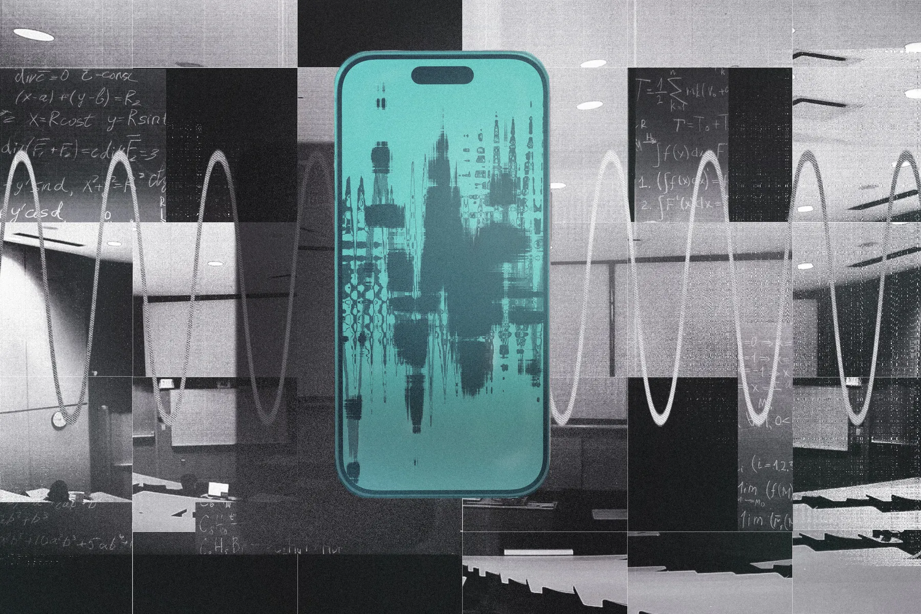 Collage of a phone recording audio in a lecture hall.
