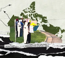 Collage of international students at Calgary protest, with Canada map in the background.