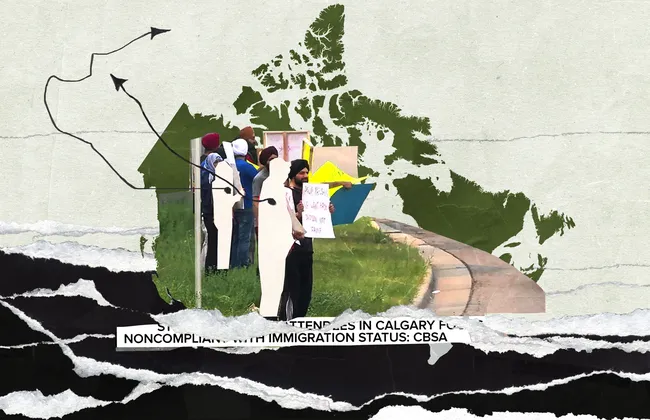 Collage of international students at Calgary protest, with Canada map in the background.