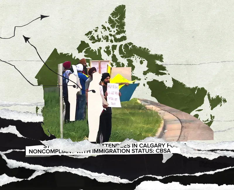 Collage of international students at Calgary protest, with Canada map in the background.