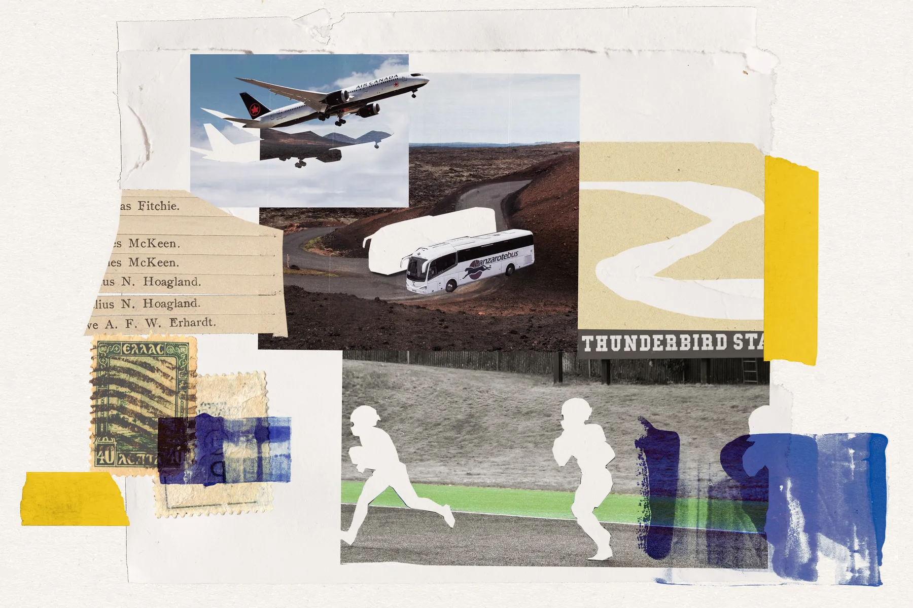 Collage of airplane, bus, and football players running on a field.