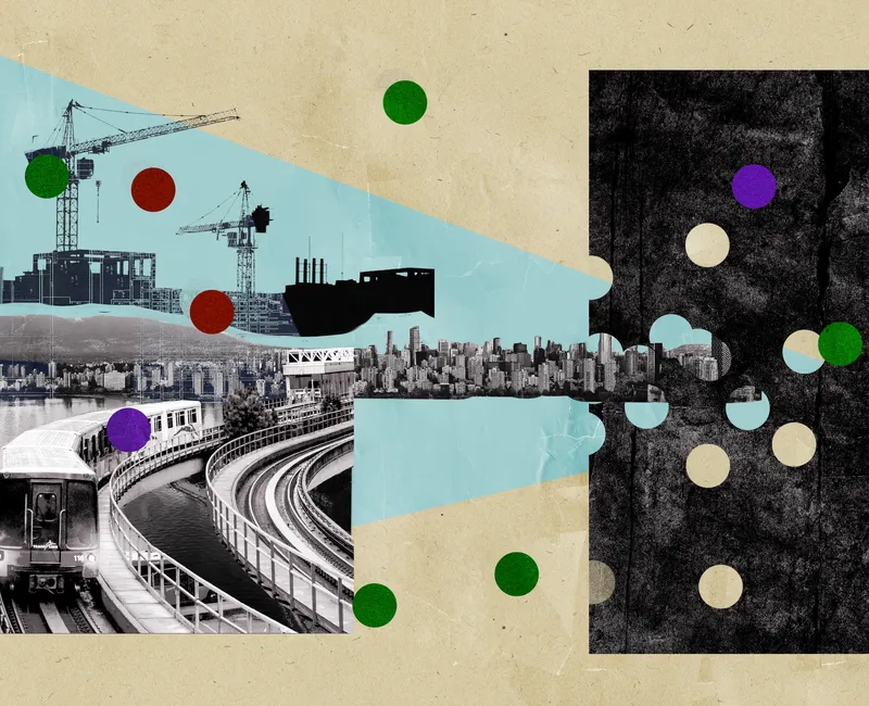 Collage of Vancouver, SkyTrain, construction cranes, and hole punched paper.