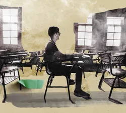 Collage of a person sitting in a classroom with smoke and green tape peeling off.