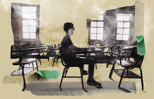 Collage of a person sitting in a classroom with smoke and green tape peeling off.