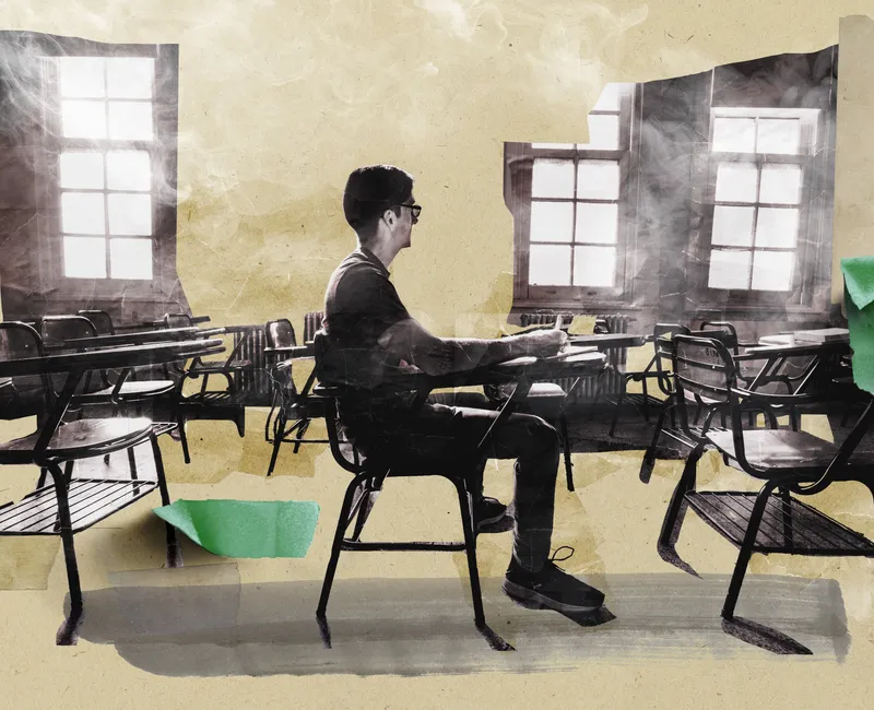 Collage of a person sitting in a classroom with smoke and green tape peeling off.
