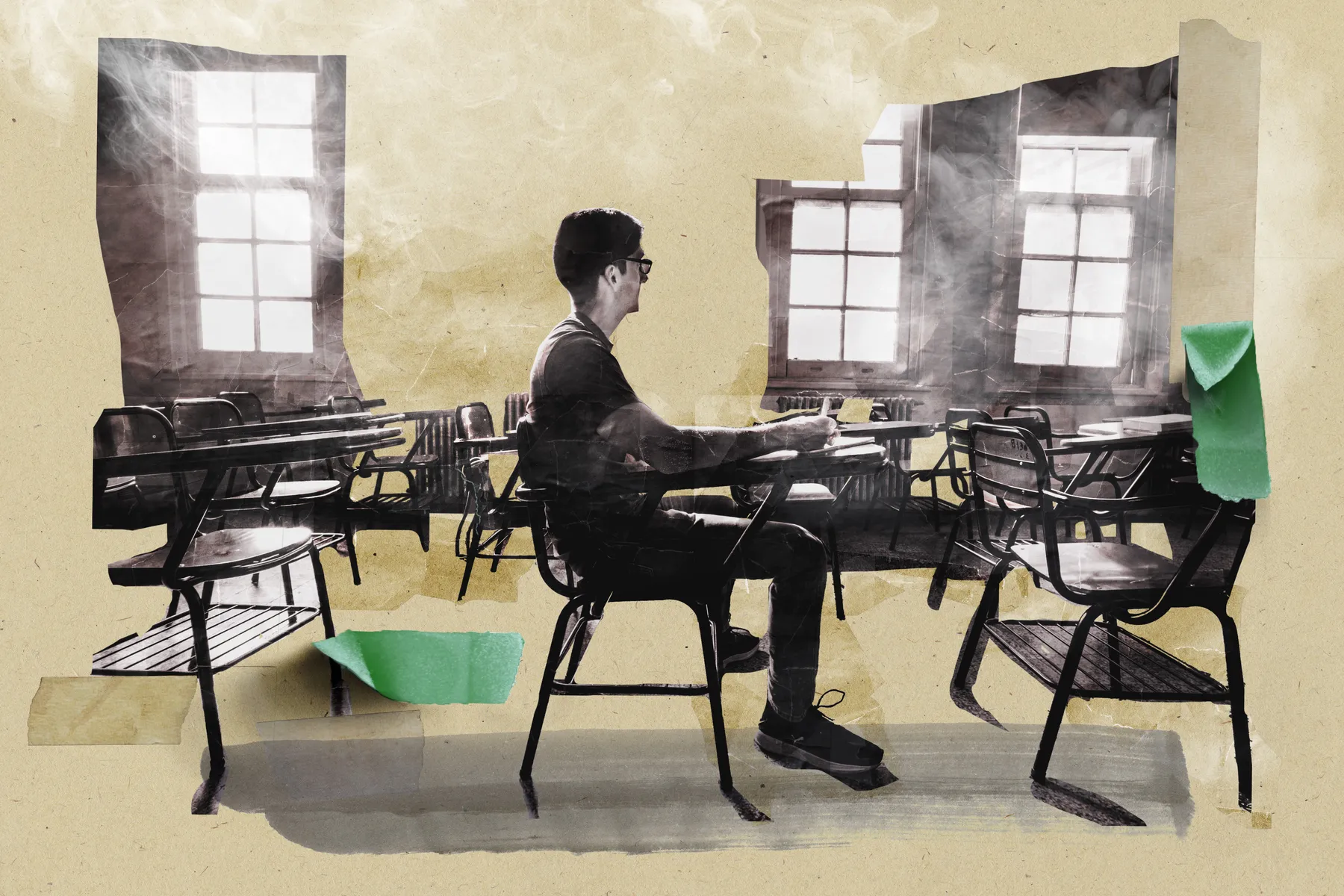 Collage of a person sitting in a classroom with smoke and green tape peeling off.