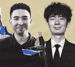 Collage of Matthew Ma Renzitti and Chengwei Hu, with scrap paper highlighting Renzitti.