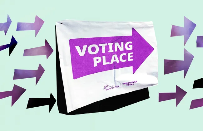 A graphic of a voting sign and arrows that reads "Voting Place."