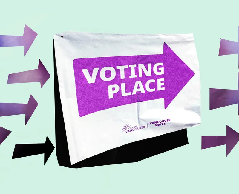 A graphic of a voting sign and arrows that reads "Voting Place."