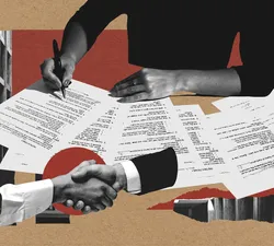 A collage showing shaking hands and agreements being signed