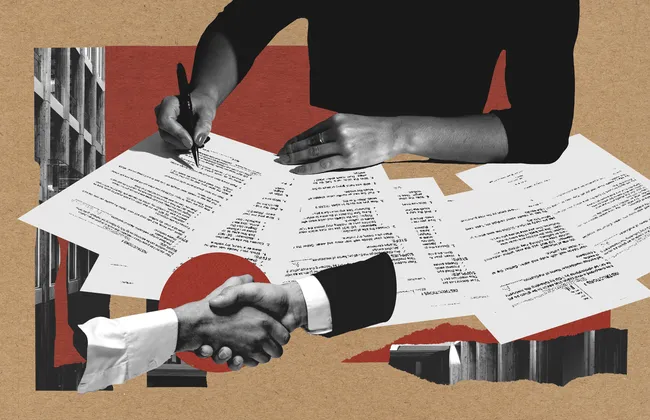 A collage showing shaking hands and agreements being signed