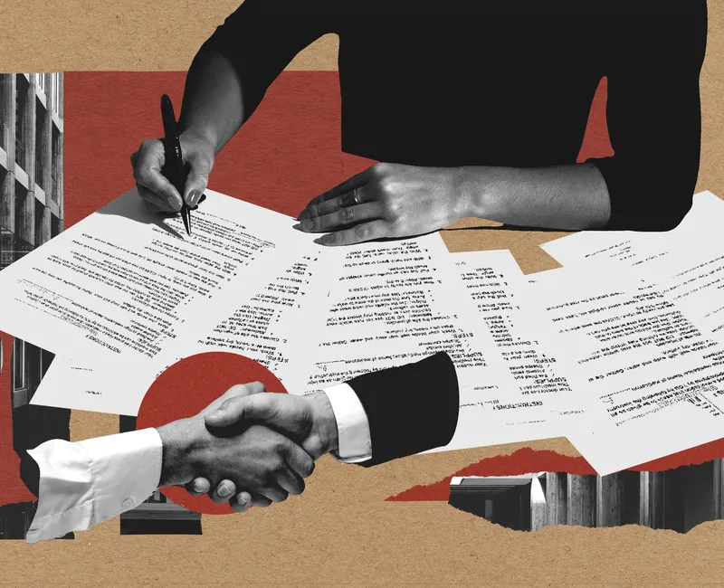 A collage showing shaking hands and agreements being signed