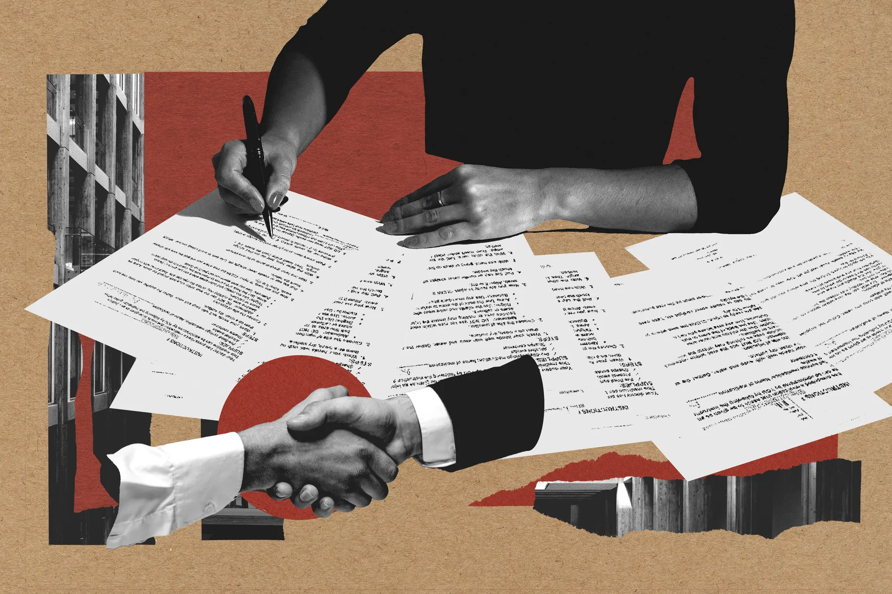 A collage showing shaking hands and agreements being signed
