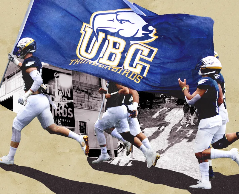 Collage of UBC Men's Football players running with a Thunderbirds flag.