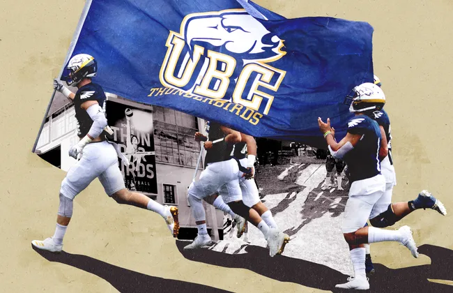 Collage of UBC Men's Football players running with a Thunderbirds flag.