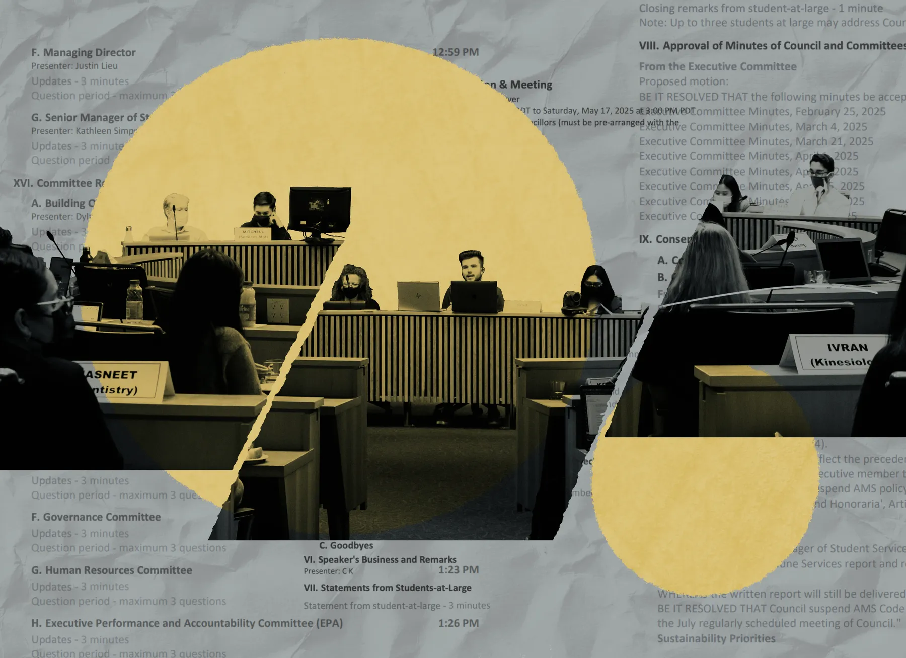 An illustration of an AMS council meeting, highlighted in a yellow circle, surrounded by images of AMS meeting minutes.
