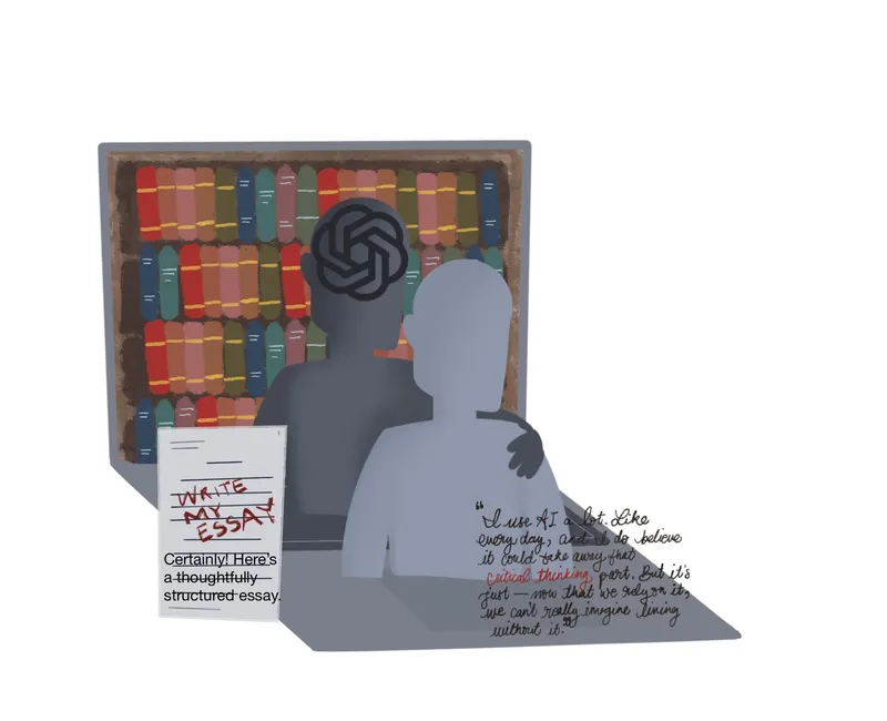 An illustration of a silhouette of a person interaction with a laptop displaying a stack of books, with another silhouette in front of them representing ChatGPT. A piece of paper  contains scribbled instructions to "write my essay," with text below it responding "Certainly! Here is a thoughtfully structured essay."