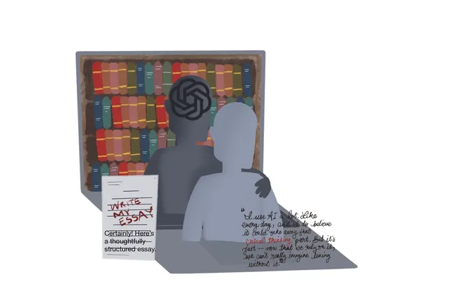 An illustration of a silhouette of a person interaction with a laptop displaying a stack of books, with another silhouette in front of them representing ChatGPT. A piece of paper contains scribbled instructions to "write my essay," with text below it responding "Certainly! Here is a thoughtfully structured essay."