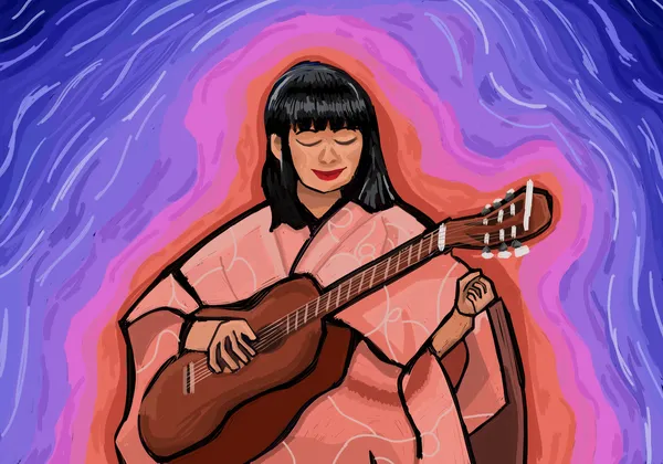 A digital illustration of folk artist Ichiko Aoba with her eyes closed, wearing a pink kimono and holding a brown classical guitar. The background is a water pattern in shades of orange, purple and blue.