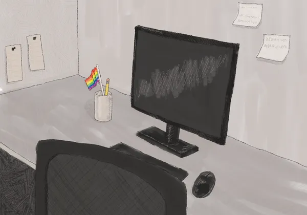 An illustration of a computer sitting on a desk next to a mug with a pride flag in it.