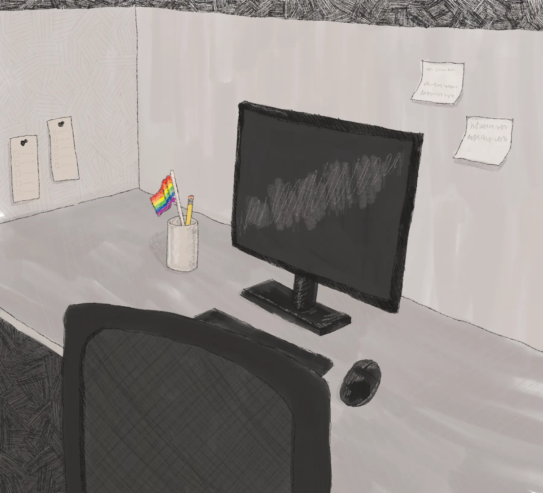 An illustration of a computer sitting on a desk next to a mug with a pride flag in it.