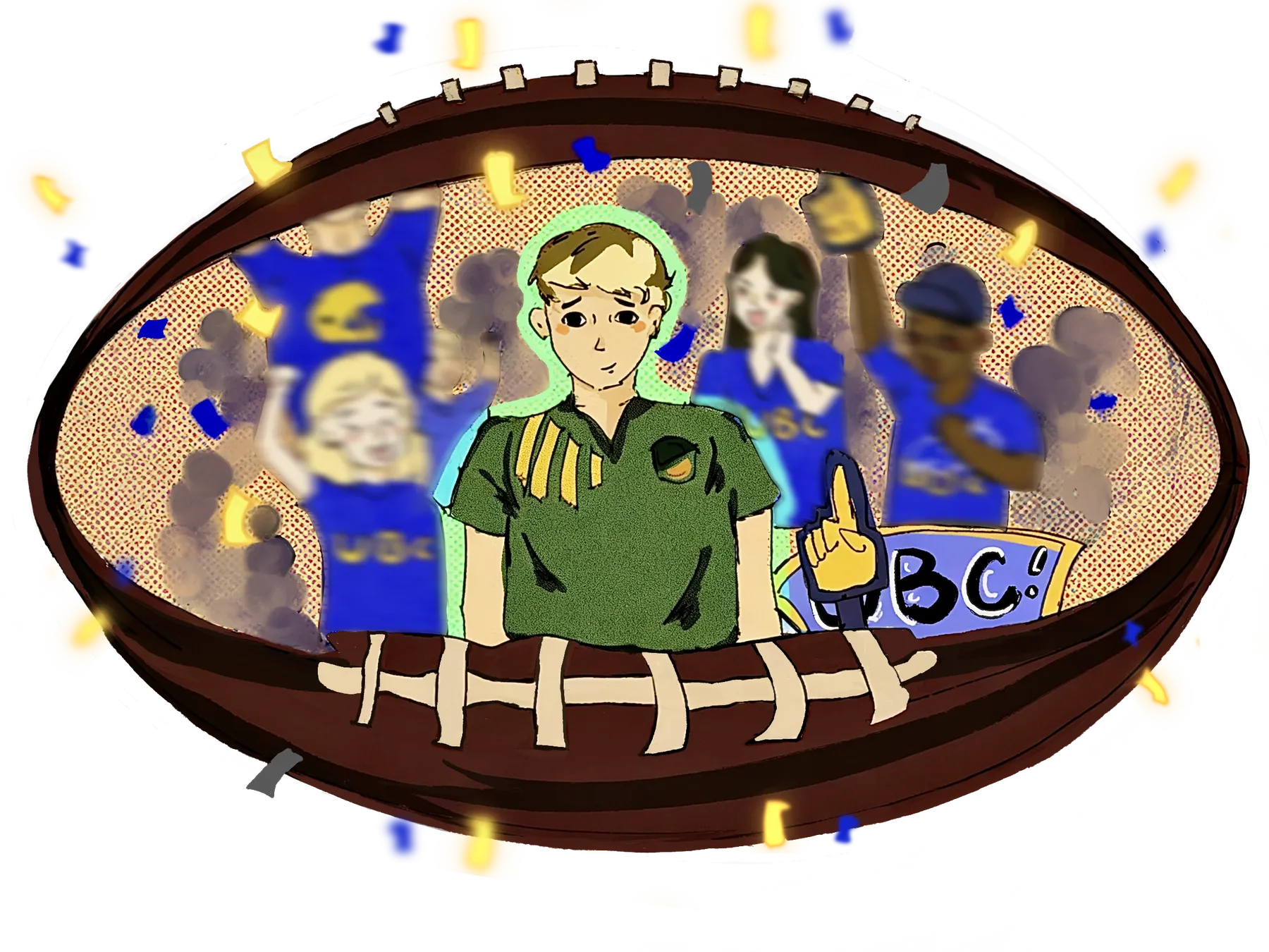 A nervously happy person surrounded by cheering T-Birds fans in a football-shaped-frame.