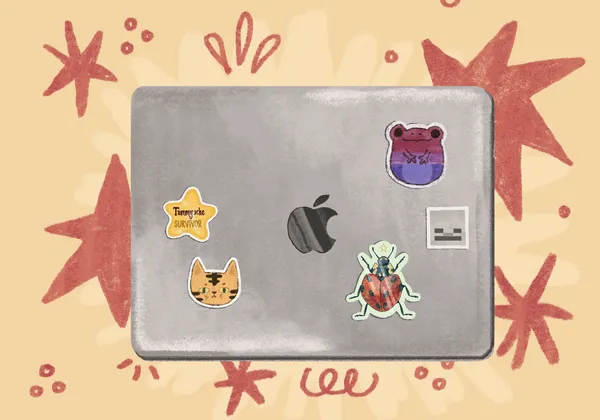An illustration of a laptop with stickers on it with a yellow background.