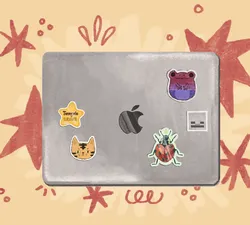 An illustration of a laptop with stickers on it with a yellow background.