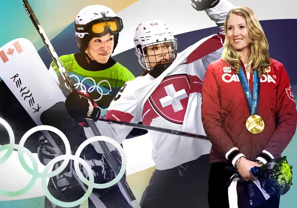 Collage of players Alexa Loo, Vanessa Schaefer, and Ashleigh McIvor, who participated in the Winter Olympics.