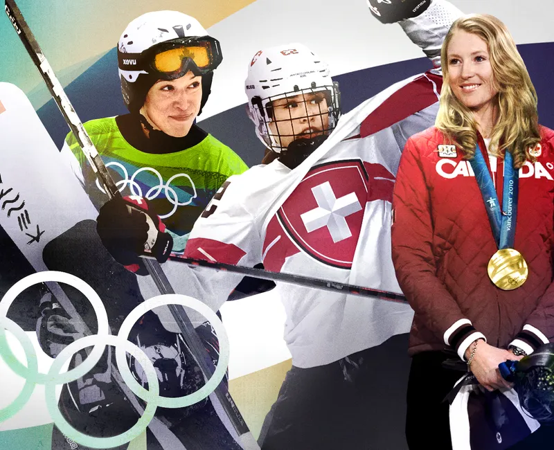 Collage of players Alexa Loo, Vanessa Schaefer, and Ashleigh McIvor, who participated in the Winter Olympics.