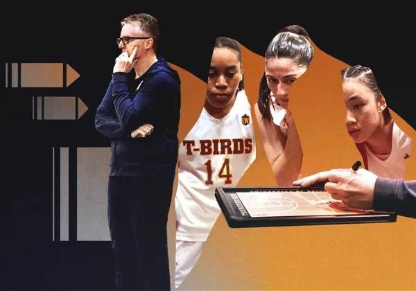 Collage of Dave Taylor coaching three UBC women's basketball players.