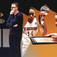 Collage of Dave Taylor coaching three UBC women's basketball players.