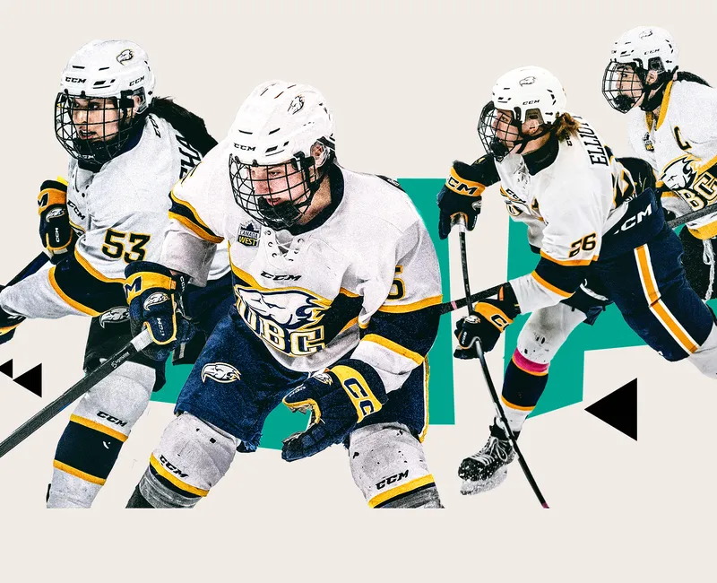 Collage of departing UBC Women's Hockey players Annalise Wong, Grace Elliott, and remaining players Jaylyn Morris, Vanessa Schaefer, from right to left.