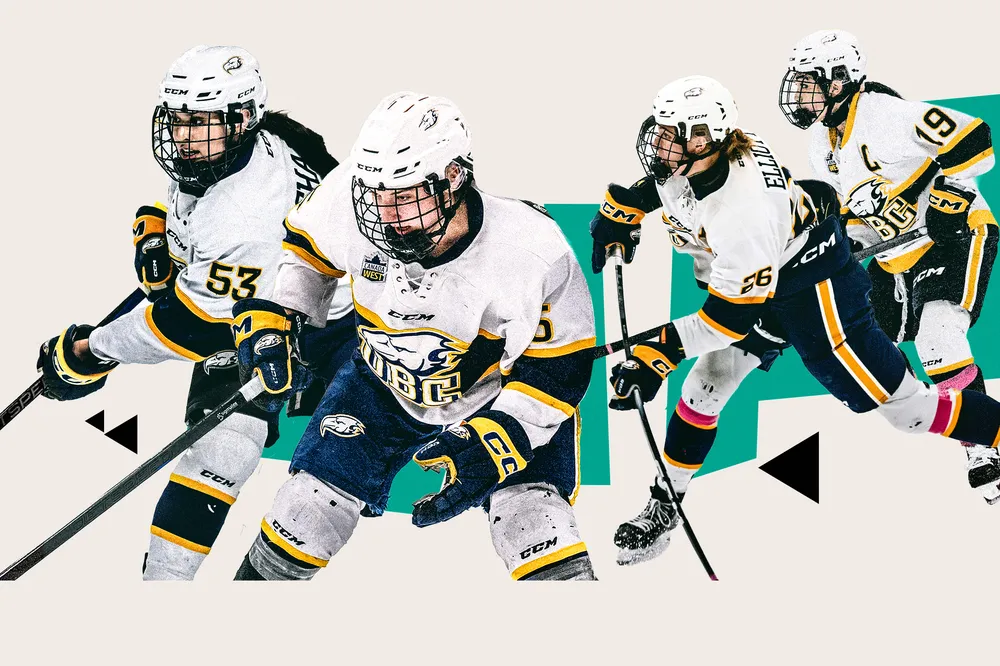 Collage of departing UBC Women's Hockey players Annalise Wong, Grace Elliott, and remaining players Jaylyn Morris, Vanessa Schaefer, from right to left.