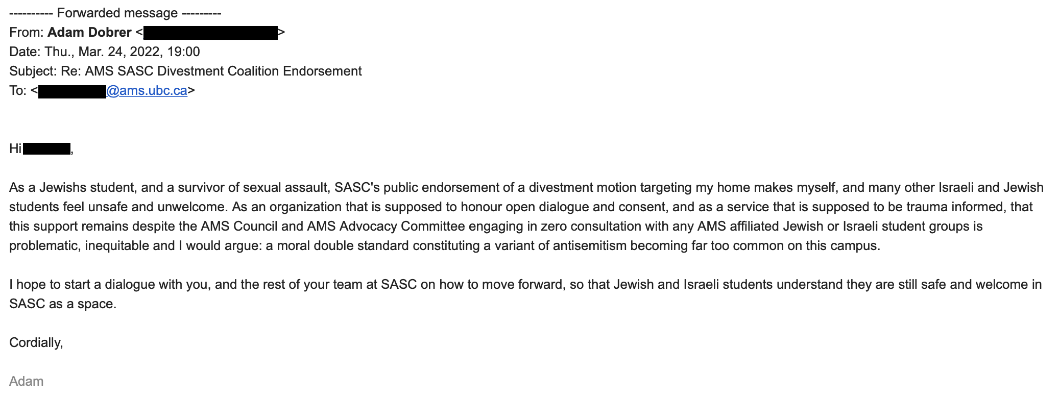 A screenshot of Dobrer's email to SASC following the passing of the divestment motion in AMS council on March 24.