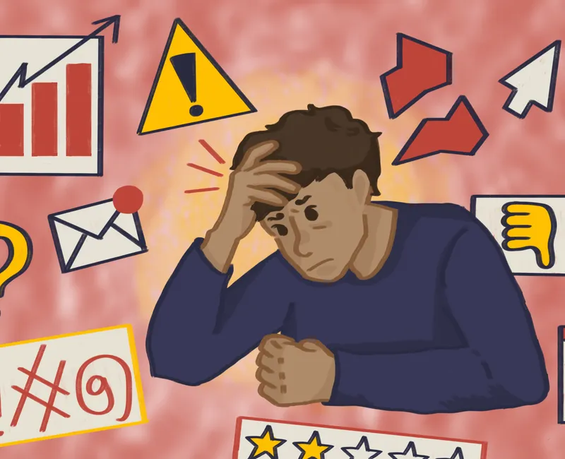An illustration of a male student sitting with their head in their hand. The student is wearing a blue shirt. There is a red background and different symbols of emails, graphs, charts and caution signs floating around them.