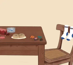 An illustration of a table and chair, with socks over the chair and things scattered over the table, such as jam, cream cheese, hair ties and an everything bagel.