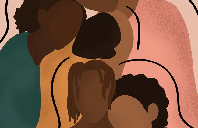 An illustration of a group of five people embracing together.