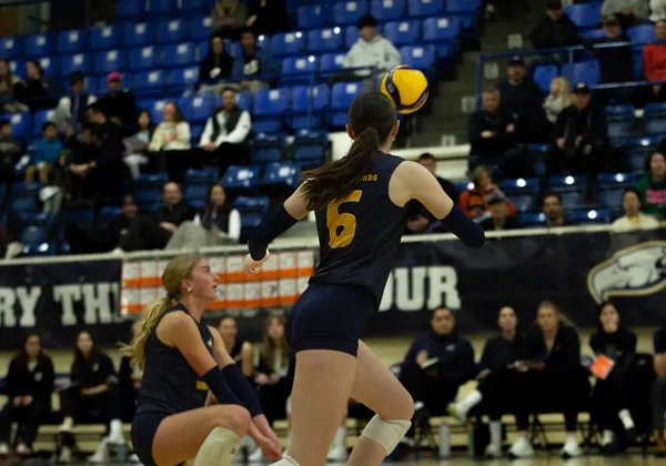A volleyball player in a blue jersey kit crouches to bump the ball while another player obscures the frame.
