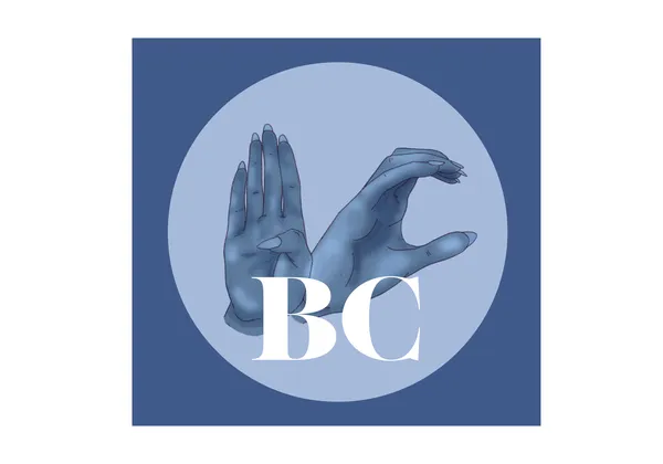 Illustration of two blue hands spelling out "BC" in ASL. The letters "BC" are superimposed over the image.