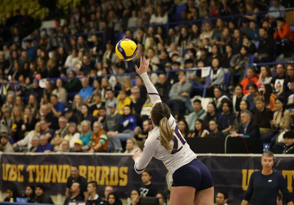 A volleyball player in a white long sleeve jersey wearing #20 is in the middle of a serve, with the yellow volleyball above her. She is wearing navy blue shorts and in the background, the stands are full of people watching.