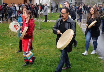 Walkout in protest of Coulton Boushie verdict, Allard Hall, 13 March 2018