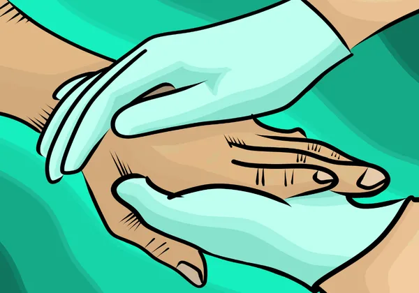 An illustration of two light blue gloved hands holding a non gloved hand.