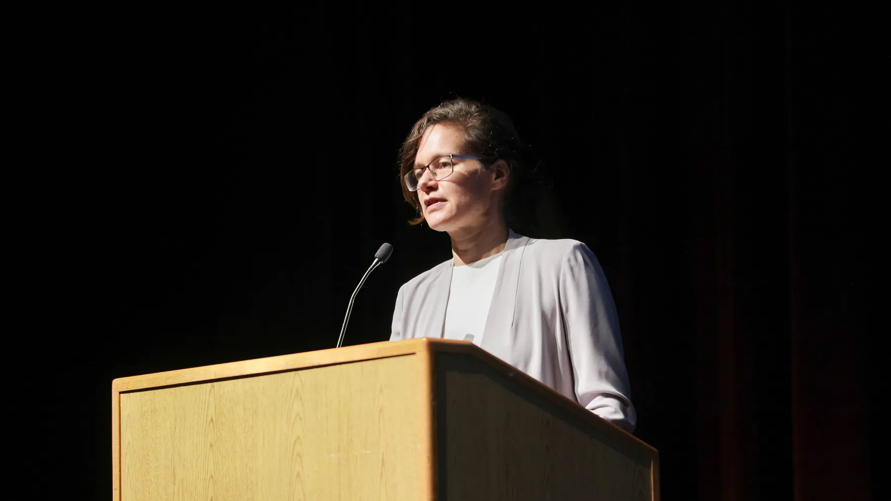 Deirdre Nunan, who is wearing glasses and a light grey blouse, stands at a wooden podium and speaks into a microphone.